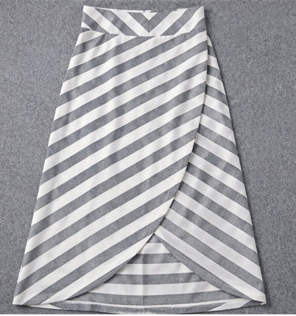 Athleta Gray White Striped Faux Wrap Midi Skirt Size S